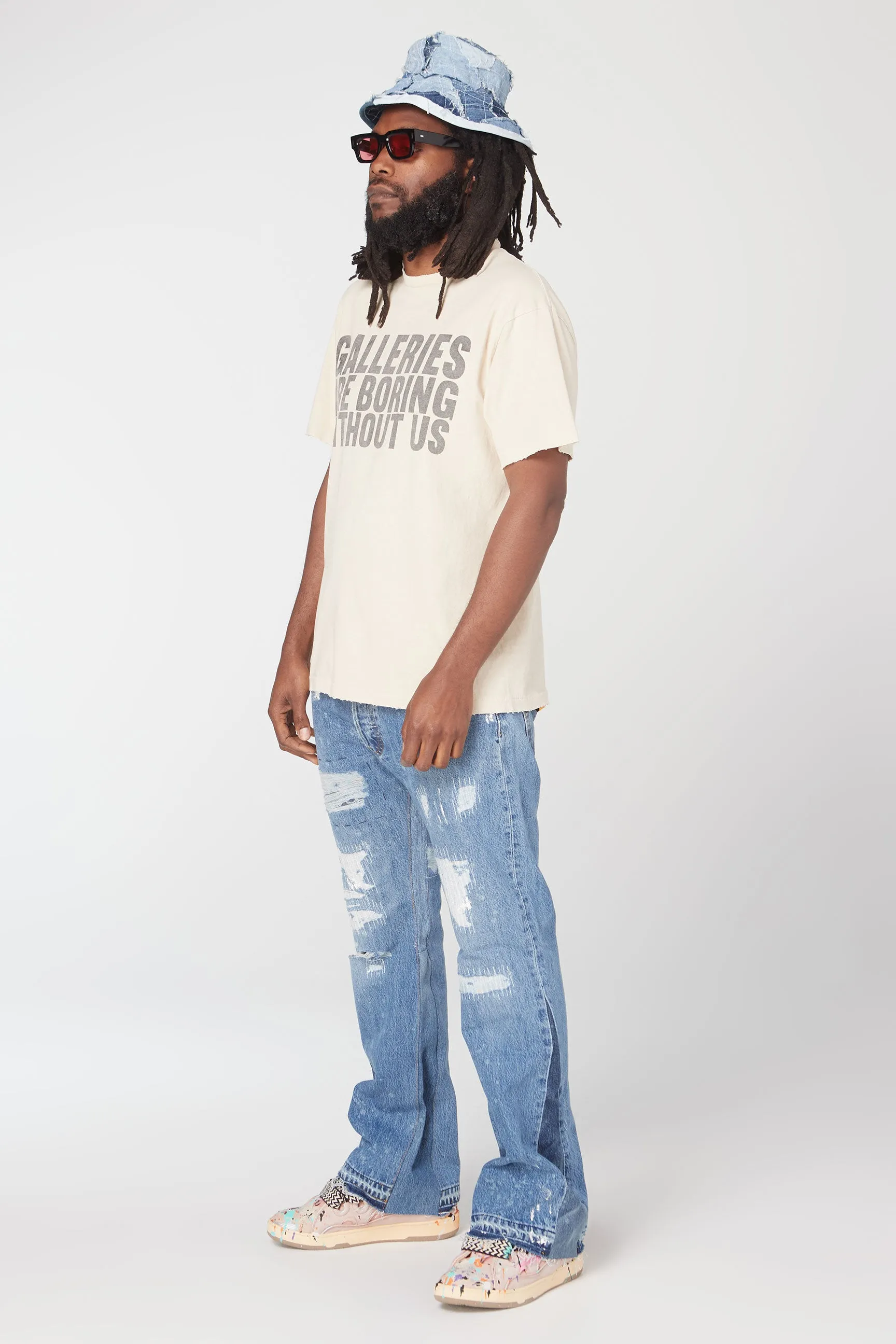 p270 647#Gallery Dept New Washed Blue Destroyed Hole Embroidery Patch Hand-painted Splashed Ink Splicing Micro-Large Jeans Heavy Industry Ox King American High Street Casual Pants Washed Blue S~XL